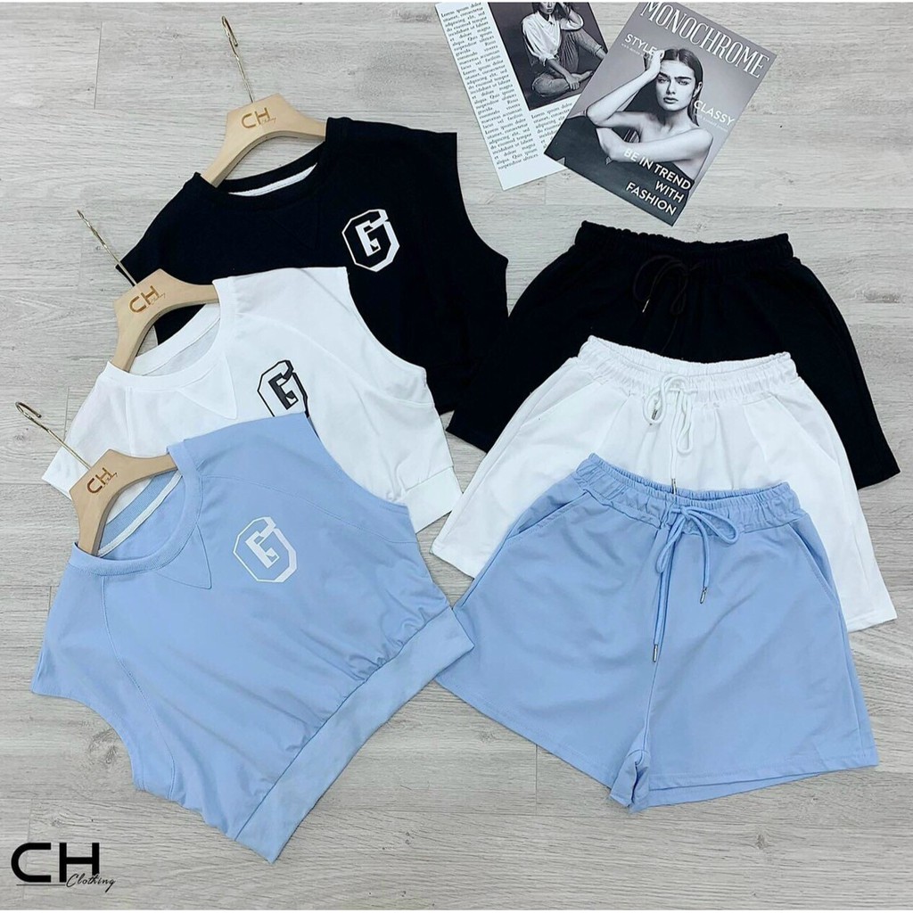 Set Bộ Áo Croptop In Chữ Và Quần Ngắn Thời Trang Nữ Rose Fashion