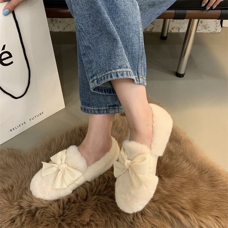 Giày Búp Bê Lông Xù Đính Nơ Dễ Thương Dành Cho Nữ