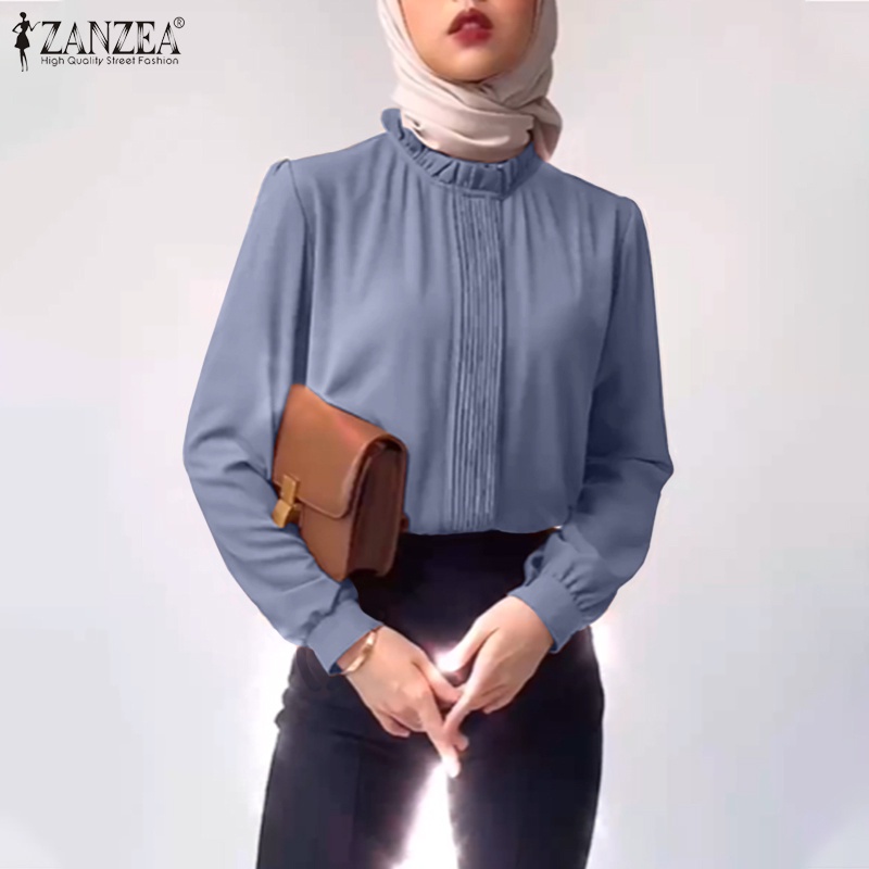 Áo kiểu ZANZEA dáng rộng tay phồng màu trơn phong cách Hồi giáo retro thời trang cho nữ