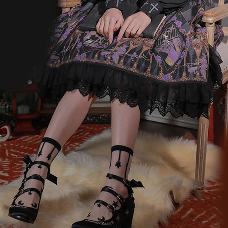 Xiangbao Vớ Lưới Lụa Mỏng Họa Tiết Trăng Sao Phong Cách Lolita Cho Nữ