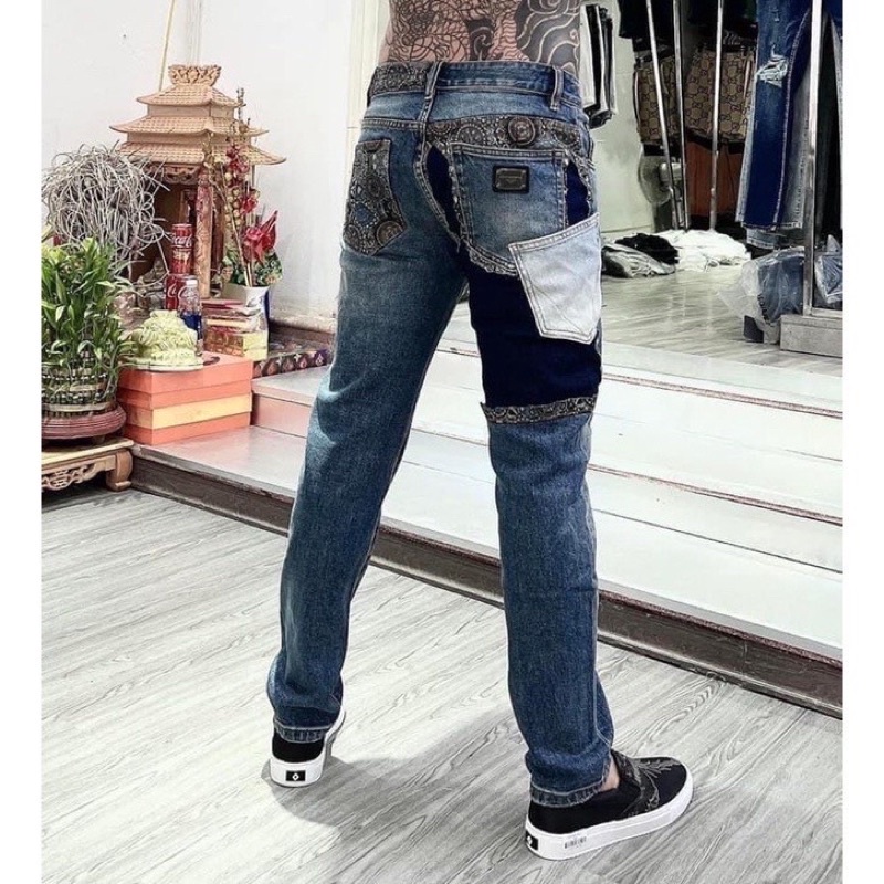 Quần jean nam màu xanh dolce,quần bò nam vá hoa D.G màu xanh