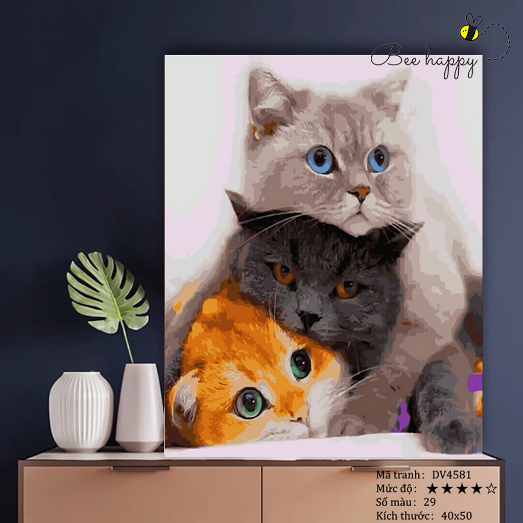 Tranh tô màu theo số động vât ba chú mèo dễ thương BEE HAPPY cao cấp màu 5ml, 2 bộ cọ có sẵn mã DV4581