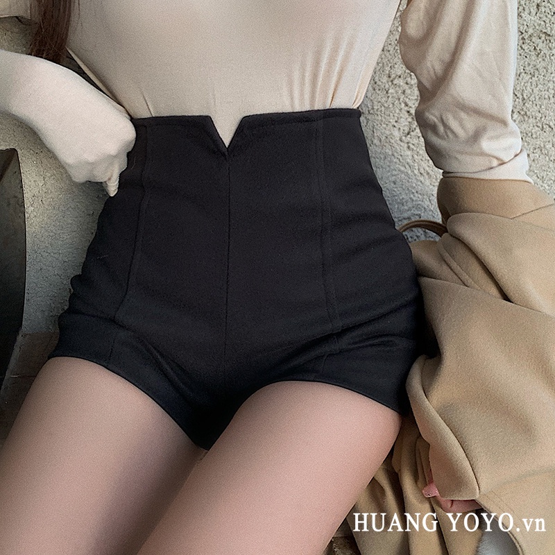 HUANG YOYO Quần Short Lưng Cao Màu Đen Quyến Rũ Dễ Phối Đồ Thời Trang Phong Cách Hàn Quốc Cho Nữ