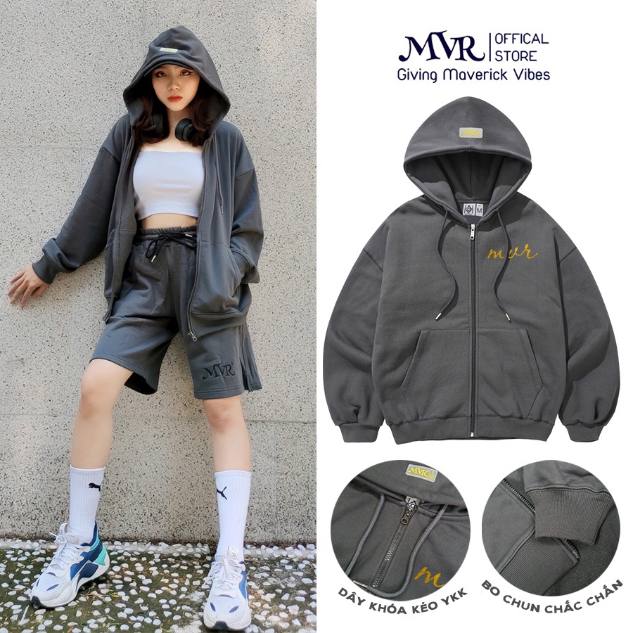 Áo khoác dây khóa kéo hoodie zip MVR bigsize 120Kg chống nắng logo chữ ký Nhũ Vàng Nam Nữ Localbrand MVR25022113