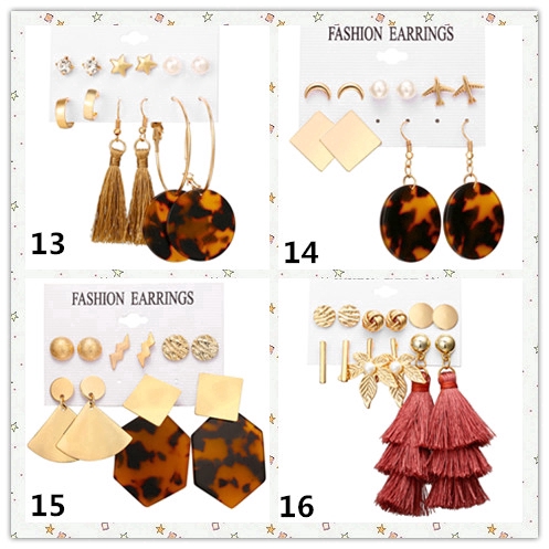 Set 6 cặp khuyên tai xỏ thiết kế tua rua kiểu dáng hình học đính đá pha lê ngọc trai phong cách retro cho nữ