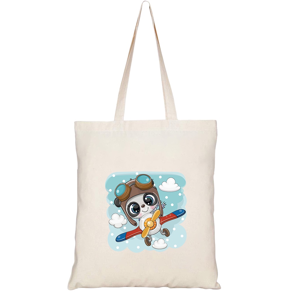 Túi vải tote canvas HTFashion in hình cute cartoon panda flying on HT494