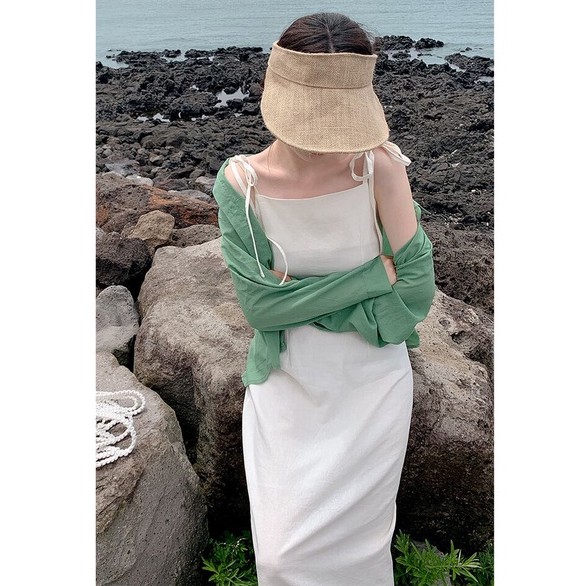 Trang phục peppermint 44982 áo sơ mi tay dài dáng rộng màu xanh lá cột dây/ đầm dài phong cách mới