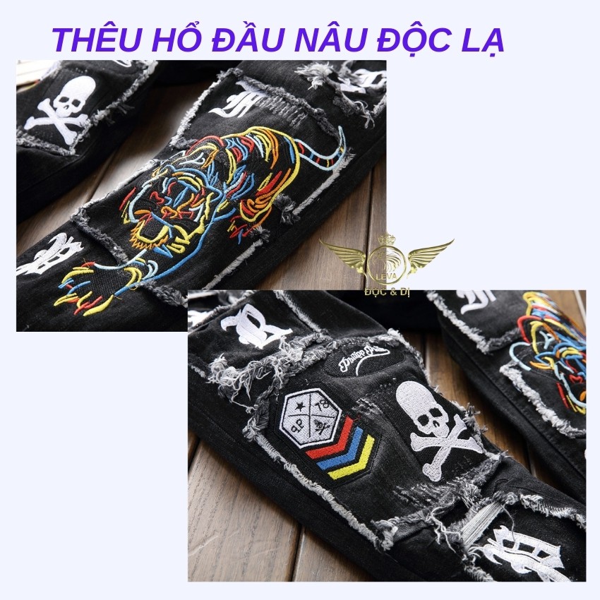 Quần jean nam đẹp rách xước độc lạ LEVANO chất liệu vải bò jeans không co giãn cao cấp thêu mặt hổ đầu nâu QJ011 | BigBuy360 - bigbuy360.vn