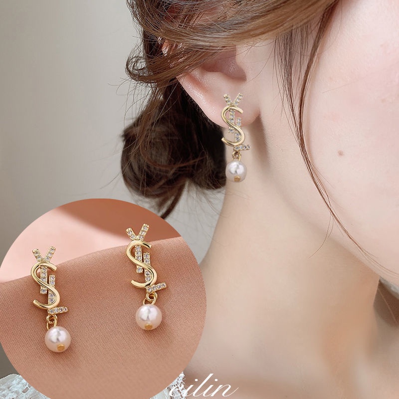 Đôi Bông Tai Mạ Bạc 925 Họa Tiết Chữ Ysl Đính Đá Thời Trang Cho Nữ