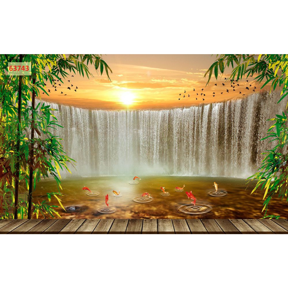 Tranh 3d dán tường chủ đề cá chép cá koi hồ sen thác nước