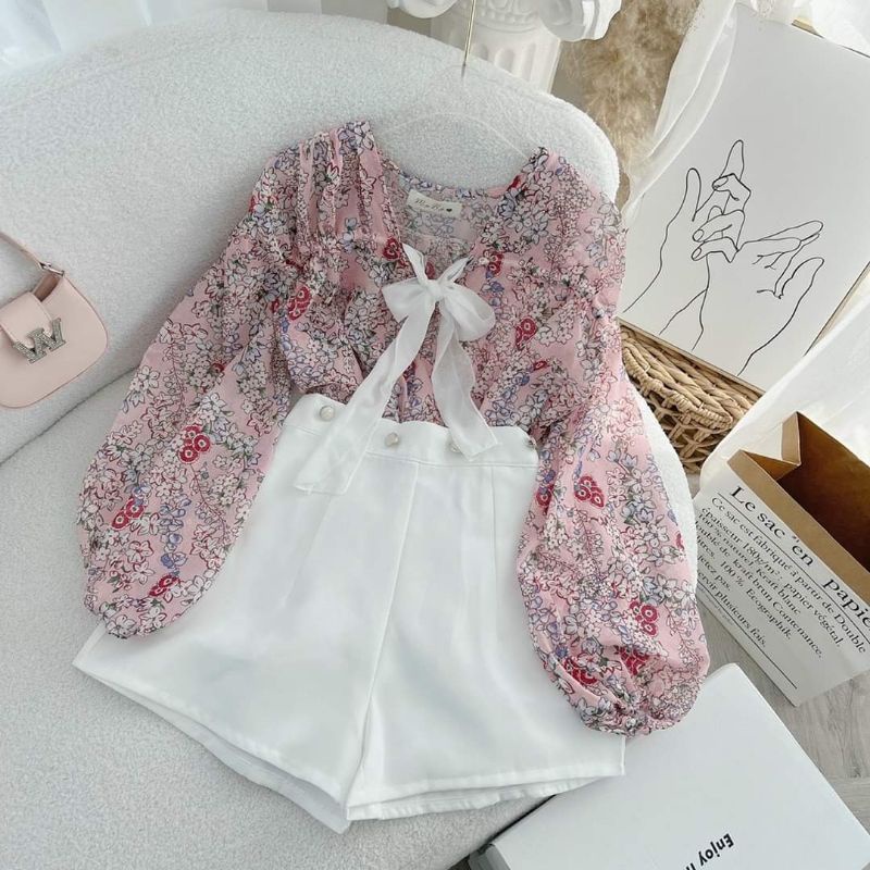SET ÁO HOA NƠ TRẮNG TAY PHỒNG  + SHORT