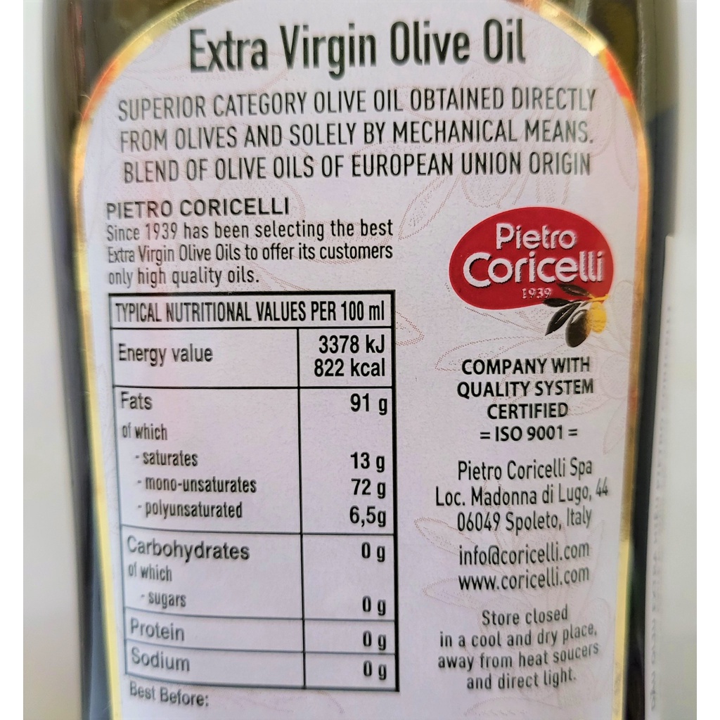 [Chai 500ml – Extra Virgin] DẦU Ô LIU NGUYÊN CHẤT [Italia] PIETRO CORICELLI Olive Oil (halal) (nhn)