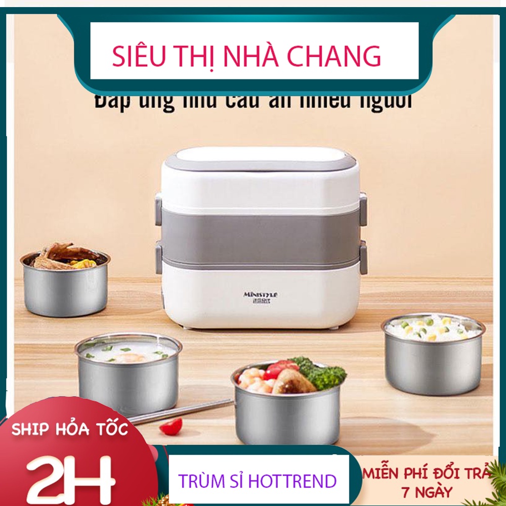 Hộp cơm cắm điện văn phòng 2 tầng,4 bát inox, có tay cầm tiện lợi, có chức năng tự nấu chín,giữ nhiệt,nóng dễ mang theo