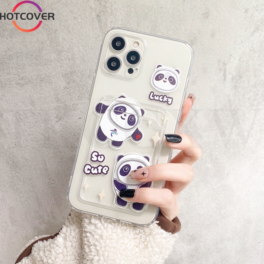 Ốp Điện Thoại Dẻo Trong Suốt Kèm Ngăn Đựng Thẻ Hình Gấu Trúc Cho Iphone 12 13 Mini 12 13 11 Pro XS Max XR X
