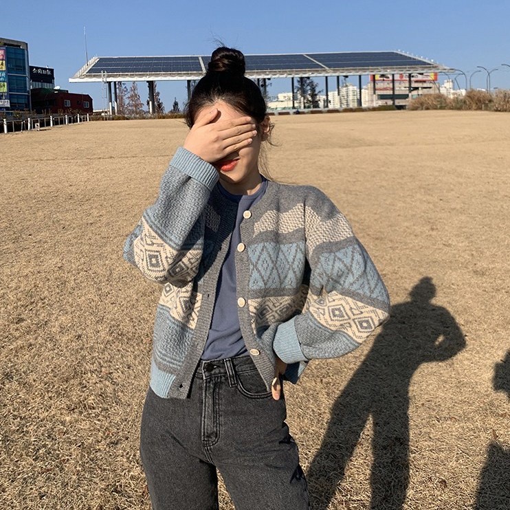 Áo khoác cardigan dệt kim tay dài màu sắc retro phong cách Hàn Quốc cho nữ