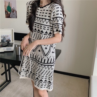 Đầm Dệt Kim Ngắn Tay Cổ Tròn Thời Trang Vintage Cho Nữ