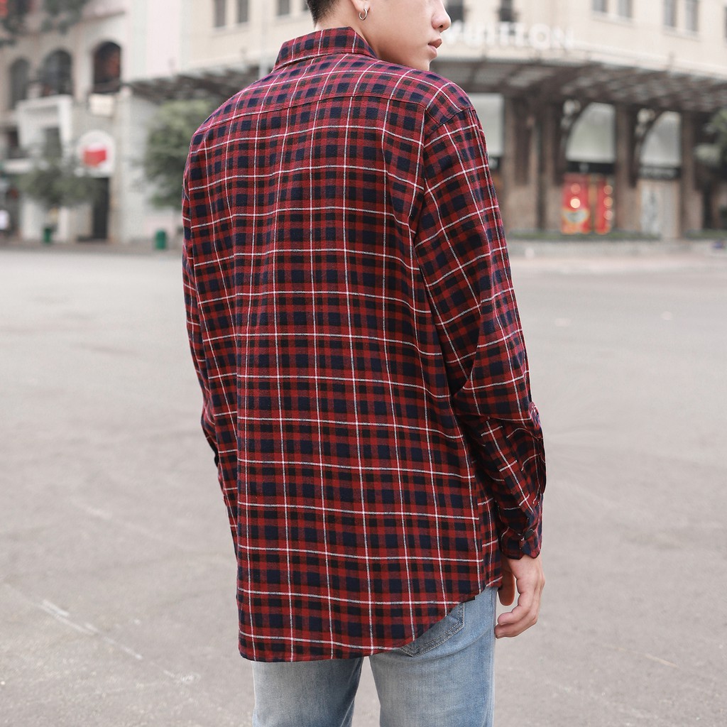 Áo Sơ Mi Flannel Sọc Xanh Đỏ Chất Liệu Cotton Thoáng Mát