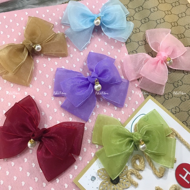 KẸP TÓC NƠ RUY BĂNG VOAN NÚT THẮT ĐÍNH HẠT P2 - [Nhà Nấm handmade]