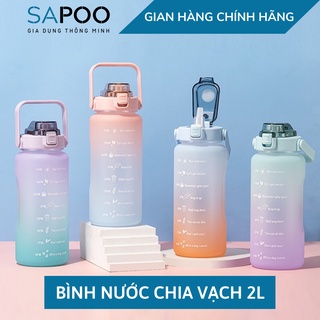 Bình nước 2 lít dành cho người lười uống nước có ống hút, vạch chia nhắc giờ - Gia Dụng SAPOO