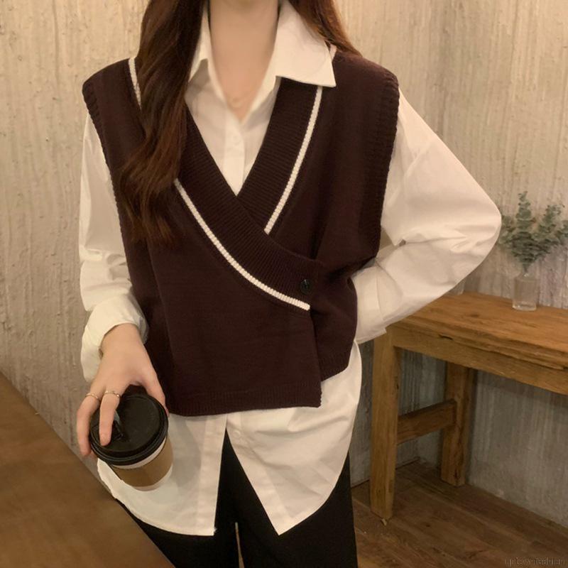 Áo len không tay dáng rộng phối màu thời trang cho nữ