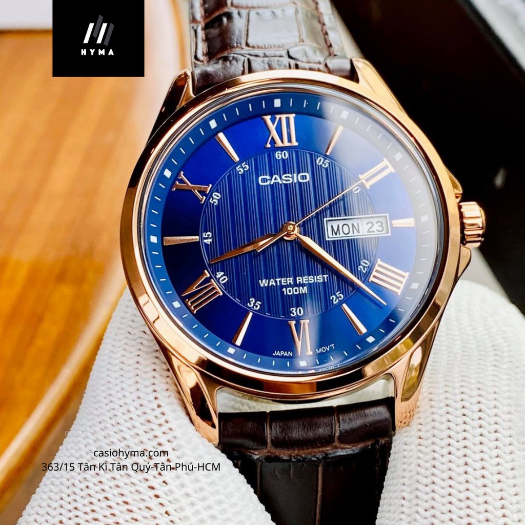 Đồng hồ nam dây da cao cấp MTP 1384L-2AV Mặt xanh Size 41mm chống nước 100 mét Bảo hành 1 năm Hyma watch