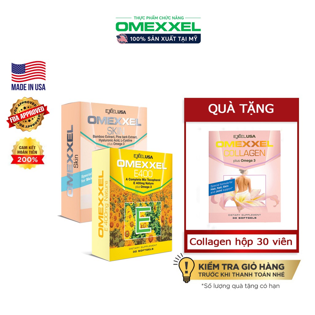 Bộ viên uống chống lão hóa da Omexxel E400 - Omexxel Skin - 30 viên/ hộp - Tặng 1 hộp Omexxel Collgen 30 viên