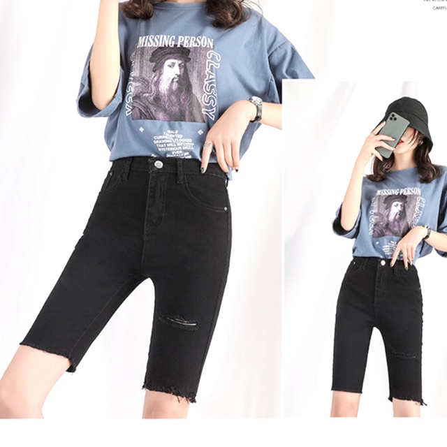 [Size 32-36] Quần Bò Cạp Cao ĐEN TUYỀN/ Ngố Lửng Jeans Lưng Siêu Cao Trên Rốn VẢI DÀY ĐẸP - Trơn/Rách