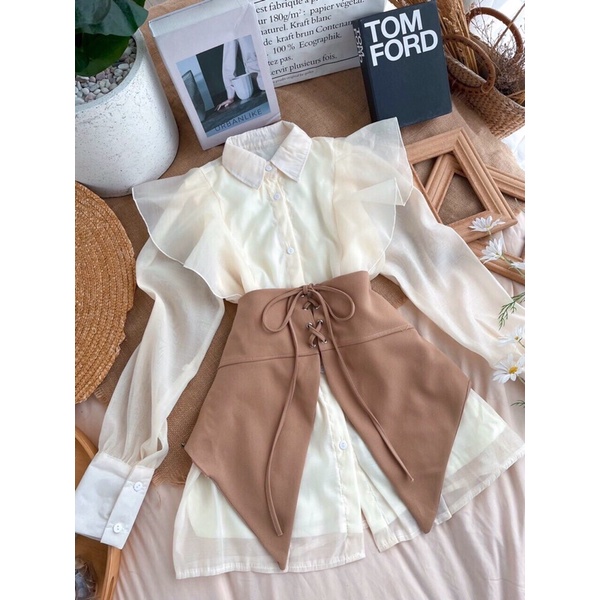 🧚🧚 Set đầm sơ mi tay dài phối bèo + belt đen, nude (không kèm quần)