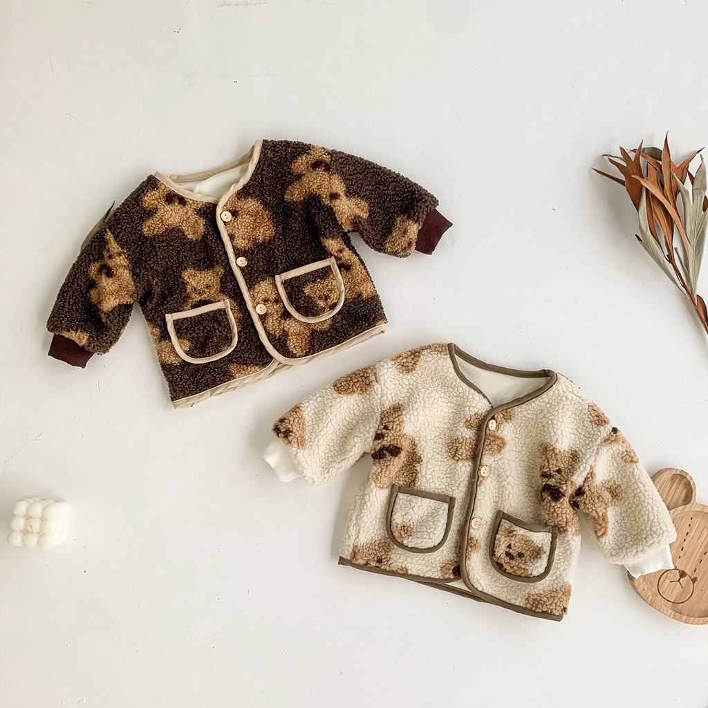 Áo liền quần tay dài in hình gấu hoạt hình dễ thương thời trang cho bé trai bé gái 0-24 tháng tuổi