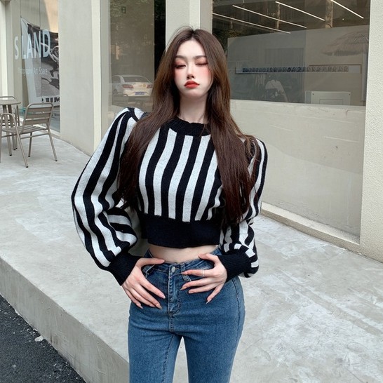 QADCOL Áo sweater dệt kim tay dài phồng họa tiết kẻ sọc nhiều màu sắc thời trang cho nữ