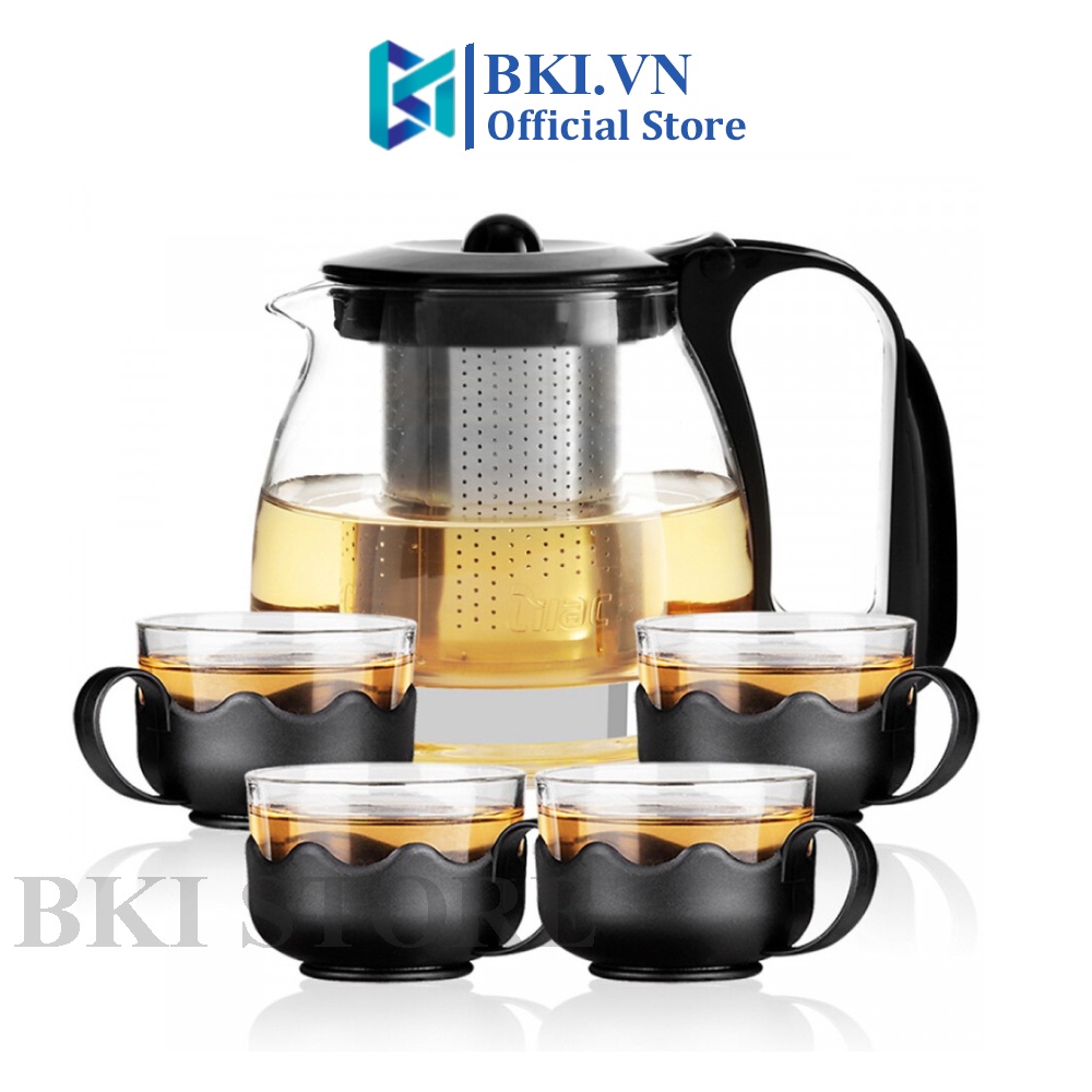 Bộ Ấm Pha Trà Giữ Nhiệt Bằng Thủy Tinh Kèm 4 Chén Dung Tích 700Ml, Bình Pha Trà, Cà Phê Có Lõi Lọc Bã Bằng Inox 304