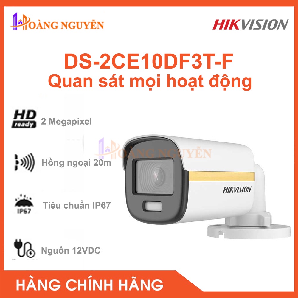[NHÀ PHÂN PHỐI] Camera có màu ban đêm 2MP ngoài trời Hikvision DS-2CE10DF3T-F, chống ngược sáng thực 130Db