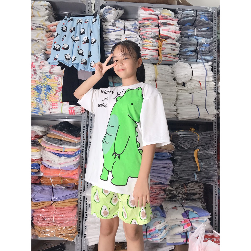 Set Đồ Bộ Khủng Long Xanh Đáng Yêu cartoon 3D Cute -Lapi VN Quần Đùi Vải Thun Cotton, Freesize,Tay Lỡ