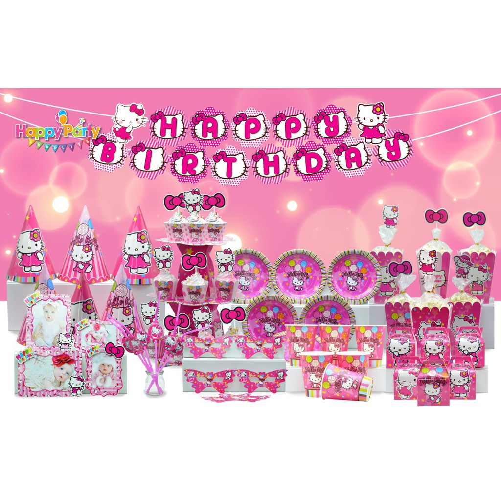 Set trang trí sinh nhật bé gái Bộ phụ kiện chủ đề Kitty mini - mega - Happy birthday thôi nôi cho bé