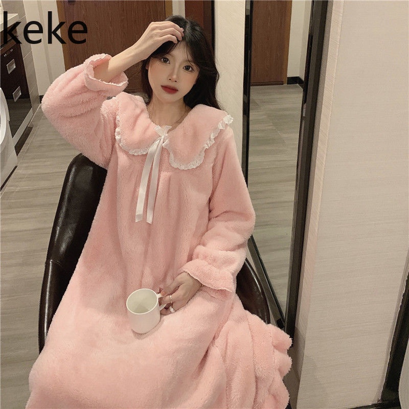 Đầm ngủ tay dài chất nỉ dày dặn giữ ấm thời trang mùa đông xinh xắn cho nữ | BigBuy360 - bigbuy360.vn