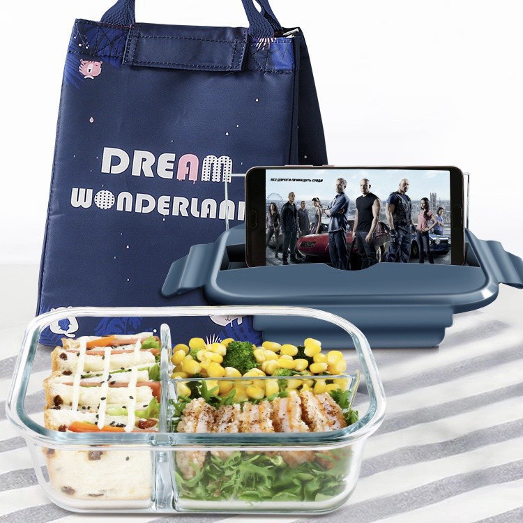 Hộp Cơm Thủy Tinh 3 Ngăn Kèm Muỗng Đũa Inox - Chịu Nhiệt, Chống Tràn Tiện Lợi