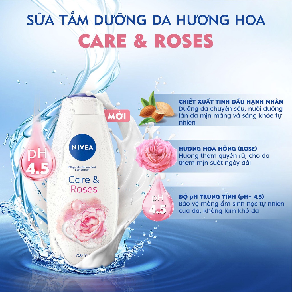 Bộ sữa tắm Rose dưỡng ẩm và ngăn mùi NIVEA: Sữa tắm NIVEA 750ML, Lăn ngăn mùi Hokkaido 40ML &amp; Kem dưỡng ẩm 50ML