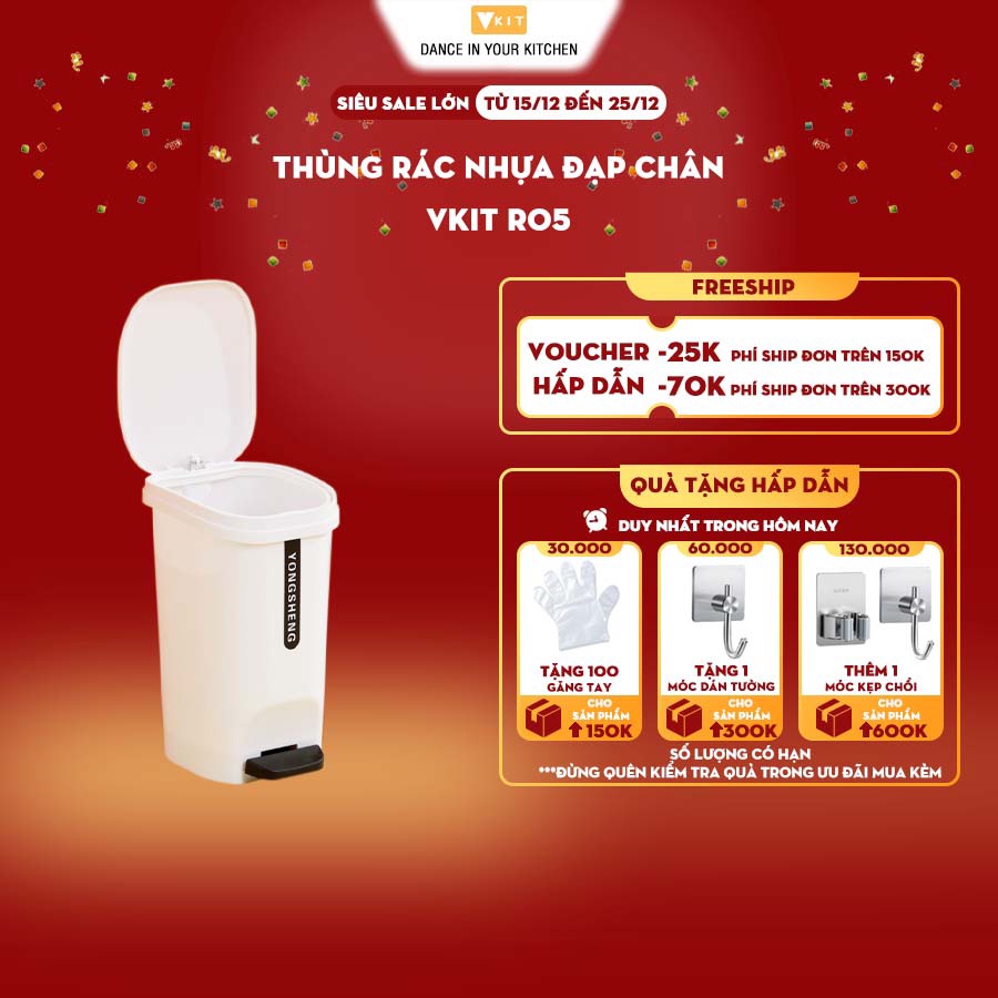 Thùng rác đạp chân bằng nhựa đa năng có nắp đậy VKIT 14L R05