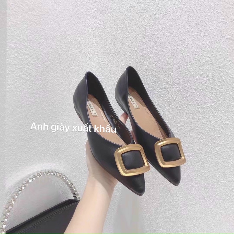 GB49 - Giày búp bê, giày bệt mũi nhọn da lì nơ khoá vuông siêu mềm dẻo hàng quảng châu cao cấp ( ảnh thật, kèm video)