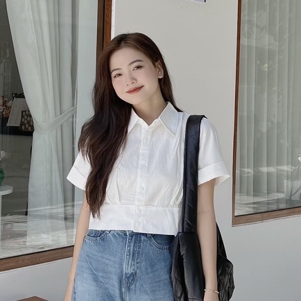 Áo sơ mi thô croptop trắng tay phồng (ảnh thật)