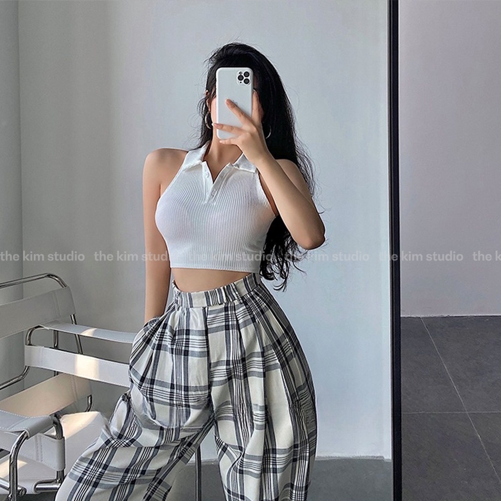 Áo croptop ba lỗ cổ polo cài cúc cổ TheKim , thun tăm 3 lỗ cổ đức A142