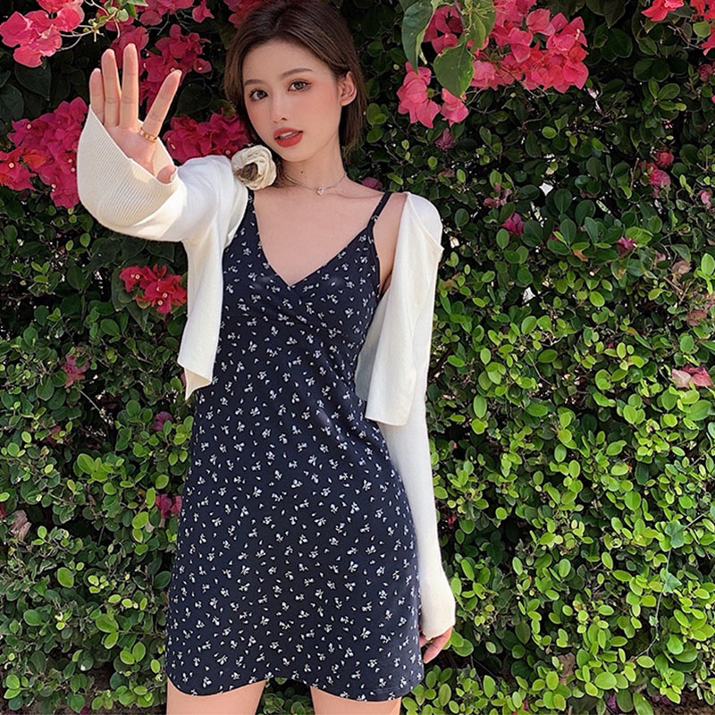 IELGY  Áo Liền Quần Hai Dây Dáng Ngắn In Hoa Màu Xanh Dương Đơn Giản Thời Trang Cho Bạn Gái