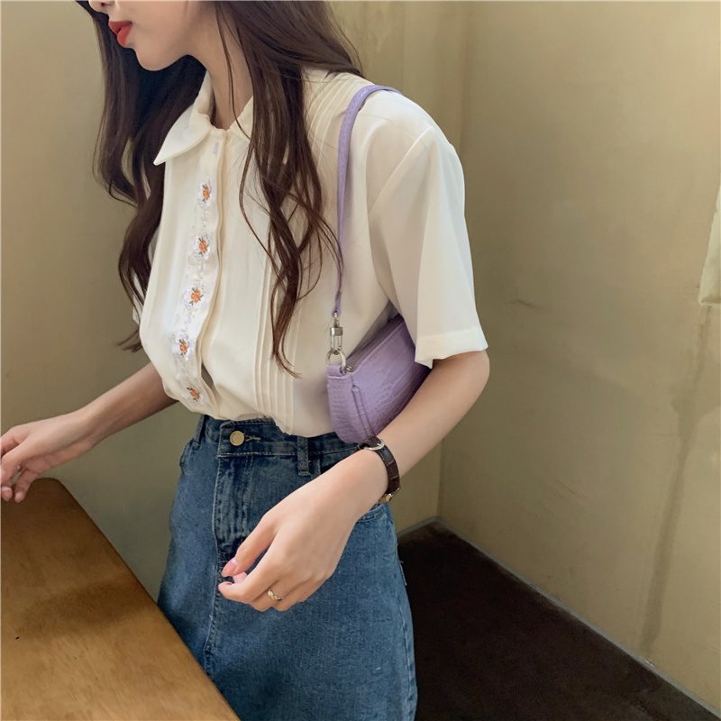 「 WELOVE1 」Áo Sơ Mi Ngắn Tay Thêu Hoa Thời Trang Cho Nữ