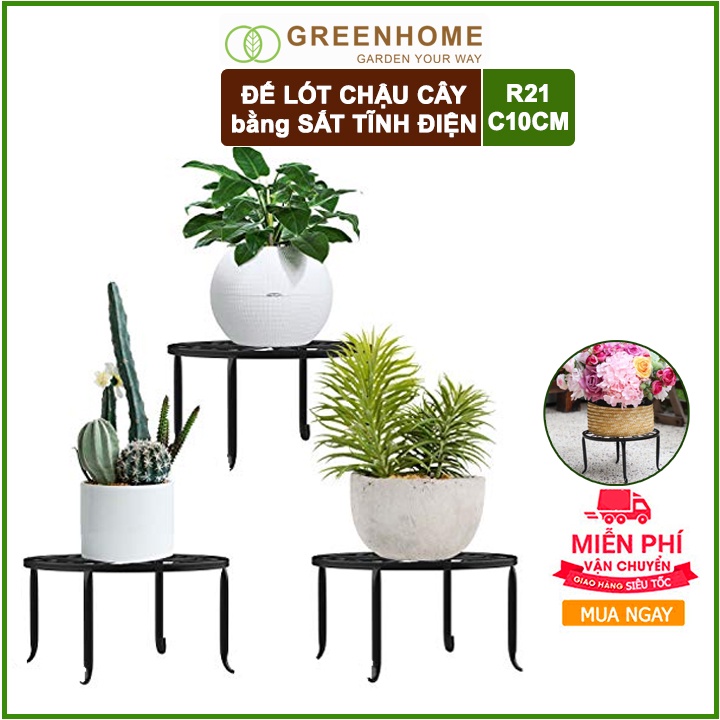 Đế lót chậu cây bằng sắt, R21xC10cm, hình tròn, sơn tĩnh điện, màu đen, uốn mỹ nghệ, bền, đẹp |Greenhome