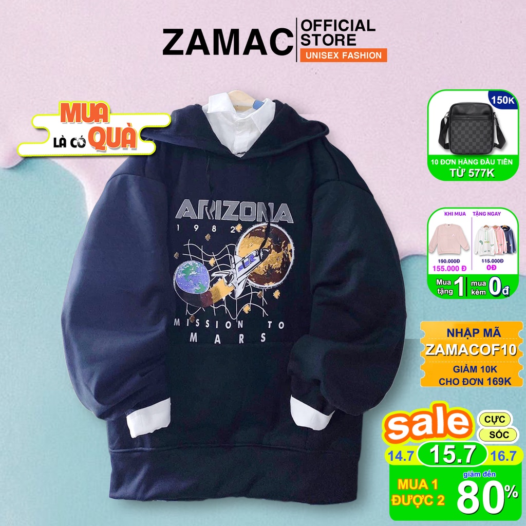 Áo khoác nỉ hoodie unisex ZAMAC kiểu sweater form rộng chữ ARIZONA chất nỉ dày - ZA0022