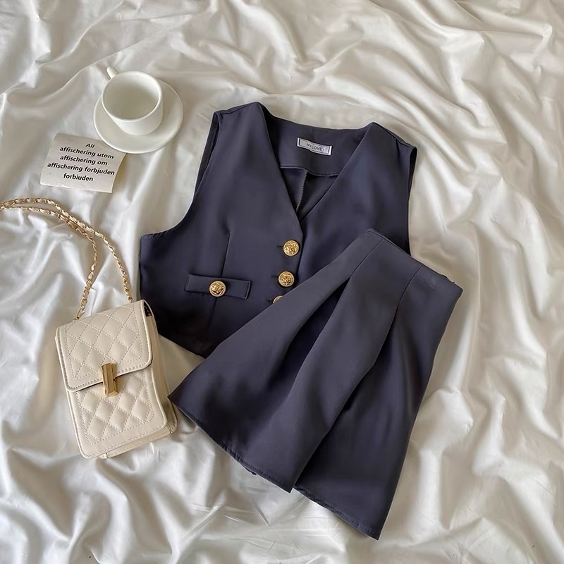 Áo gile Vải cổ chữ V Đính cúc Kim Loại Phong Cách Vintage