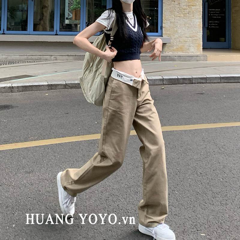 Kumikumi HUANG YOYO Quần Dài Lưng Cao Ống Rộng Thời Trang Phong Cách Hàn Quốc Cho Nữ