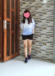 Áo sơ mi sọc xanh phối trắng