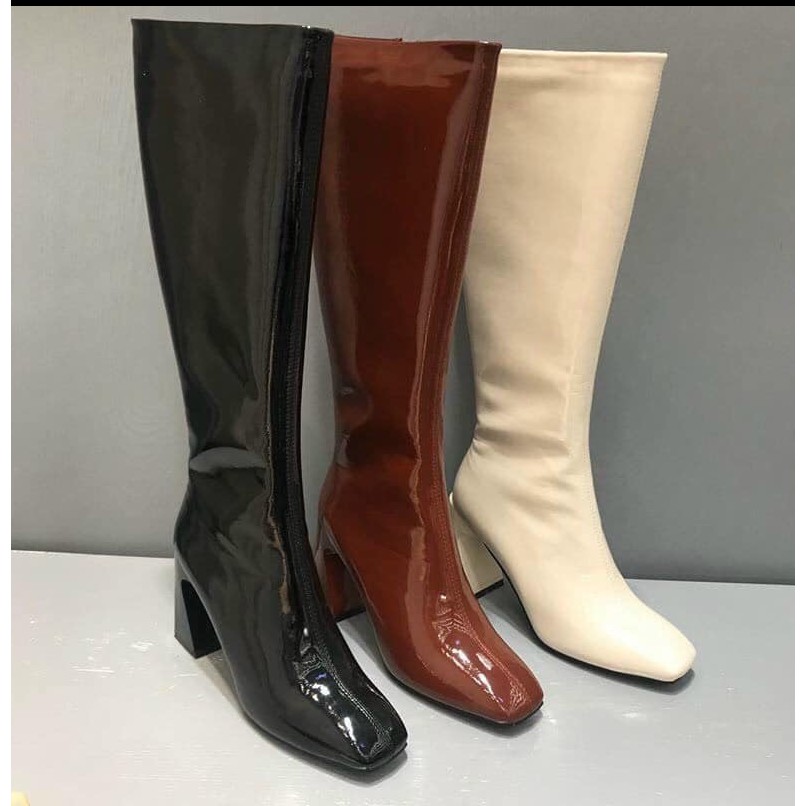 [Boots nữ đùi lửng dưới gối gót trụ vát] [Bốt đùi nữ cao gót mũi vuông khóa cạnh lót lông cao cấp gót 7cm da bóng]