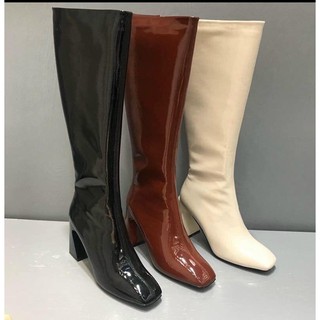 [Boots nữ đùi lửng dưới gối gót trụ vát] [Bốt đùi nữ cao gót mũi vuông khóa cạnh lót lông cao cấp gót 7cm da bóng]